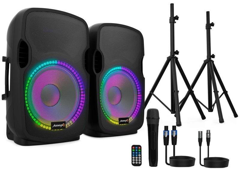 Audibax, Party 212 Speaker – 2 x 15 inch PRO Speakers – Bluetooth Speaker, 600 W Power, 2 x Adjustable Brackets, Micro Wireless, Remote Control and Wiring, Black, Measurements 29.528 x 17.323 x 25.5 91 in