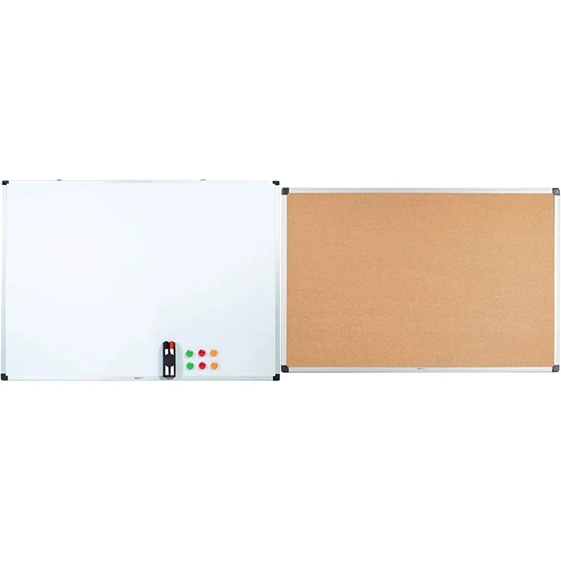 Amazon Basics Whiteboard Drywipe Magnetic with Pen Tray and Aluminium Trim, 120 cm x 90 cm (WxH) & Aluminum Frame Cork Notice Board 90cm x 60cm