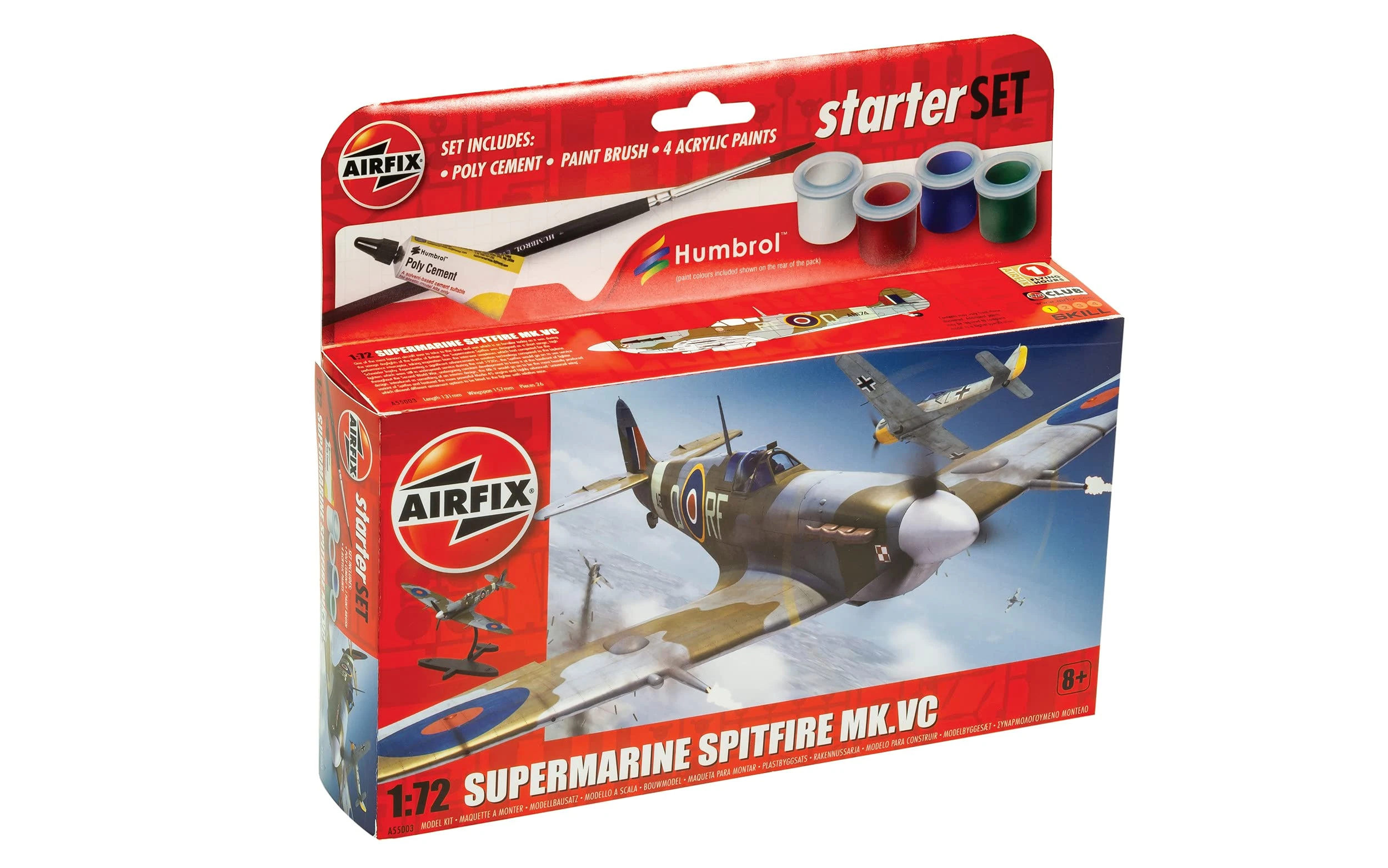 Airfix Starter Set - A55001 Supermarine Spitfire MkVc Model Building Kit - Plastic Model Plane Kits for Adults & Children 8+, Set Includes Decals, Paints, Brushes & Poly Cement - 1:72 Scale Model