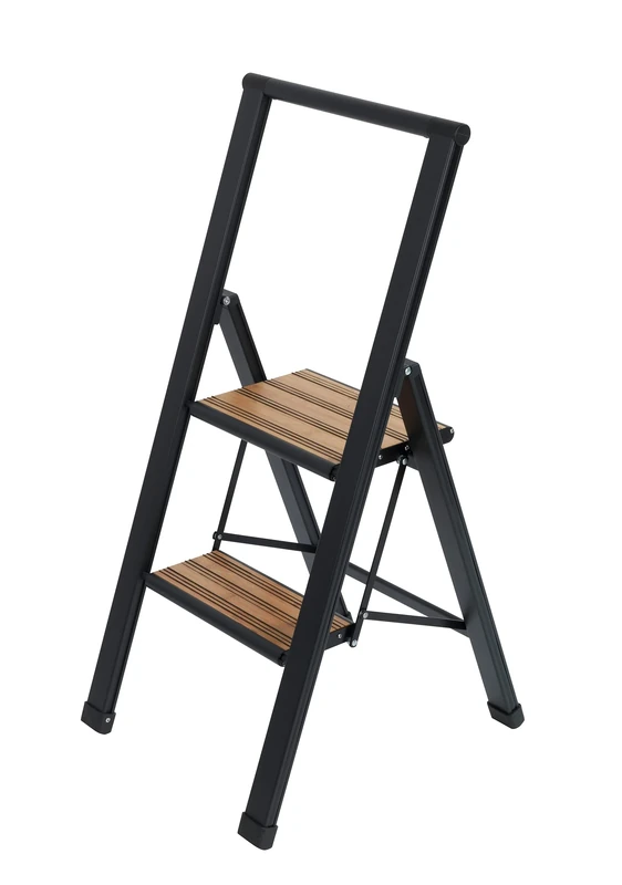 WENKO Lightweight Aluminium Design Folding Step Ladder, 2 Steps, 50 cm Higher, Non-Slip XXL Steps, 44 x 101 x 5.5 cm, Black