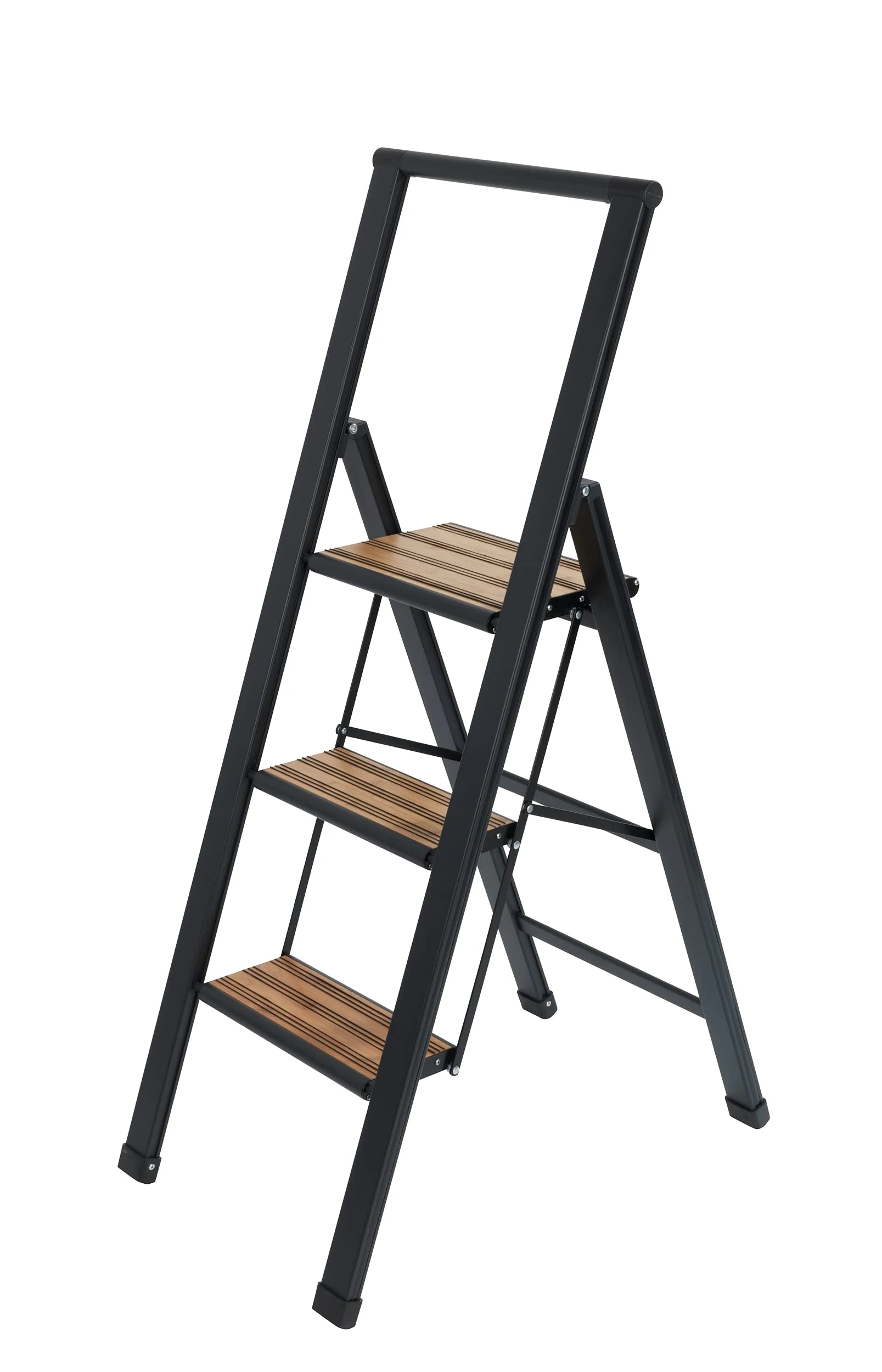 WENKO Lightweight Aluminium Design Folding Step Ladder, 3 Steps, 75 cm Higher, Non-Slip XXL Steps, 44 x 127 x 5.5 cm, Black