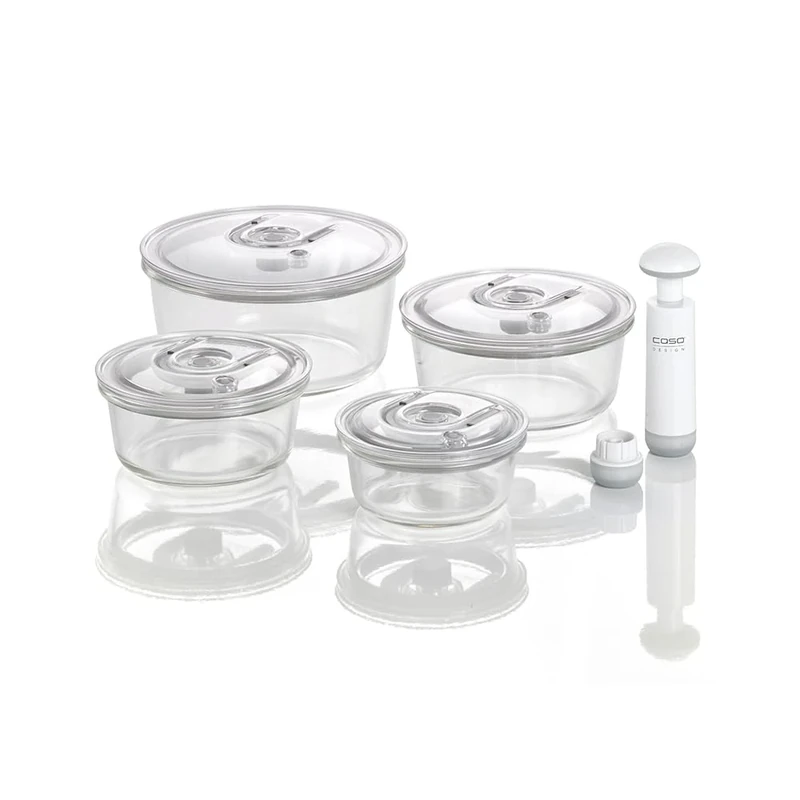 CASO VacuBoxx R-Set - 4 - Extremely Stable Round Vacuum Containers Made of Borosilicate Glass, BPA-Free, Heat Resistant, Dishwasher Safe, Freezer Safe, Tasteless, Accurate