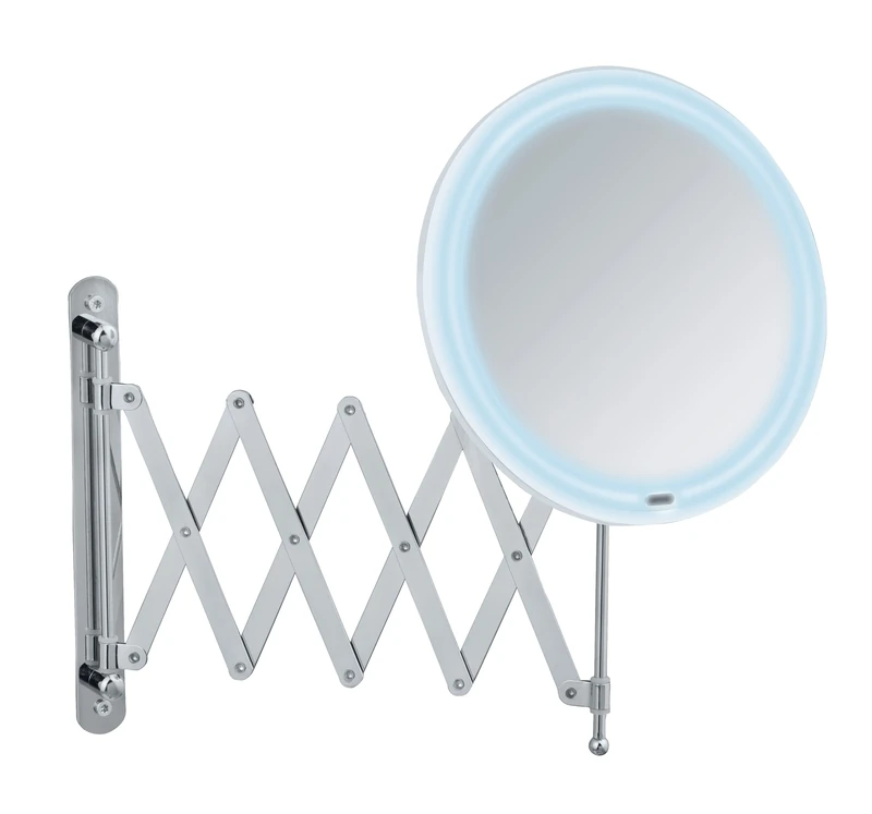 WENKO Barona LED Telescopic Wall Mirror with LED Lighting, Make-Up Mirror with Extendible Arm (55 cm), Adjustable Pivoting and Height, Touch Function, USB or Battery, Diameter 20 cm