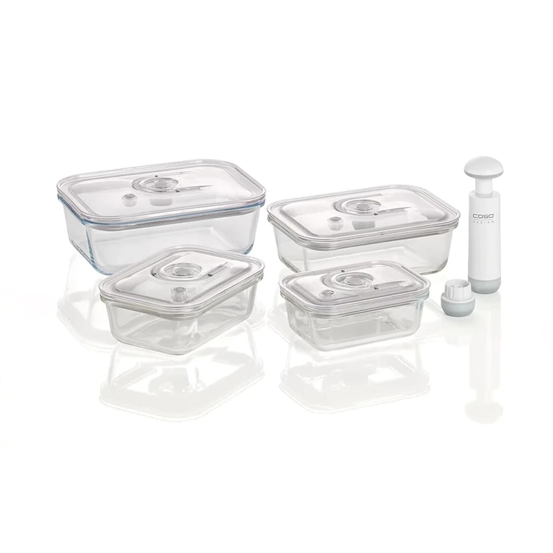CASO VacuBoxx E-Set - 4 Extremely Stable Square Vacuum Containers Made of Borosilicate Glass, BPA-Free, Heat-Resistant, Dishwasher Safe, Freezer Safe, Tasteless, Accurate Date Setting