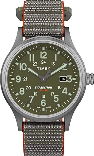 Timex Mens Expedition® Scout Solar 40mm Silver Tone Case Green Dial Green Leather Watch TW4B18600