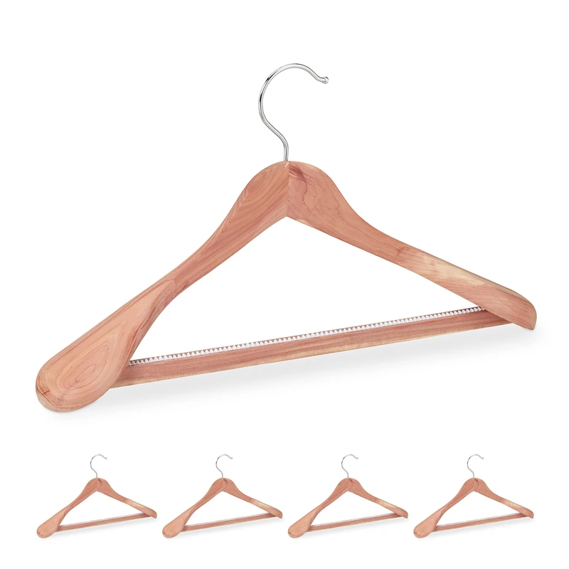 Relaxdays Set of 5 Cedarwood Suit Hangers, Mothproofing, Non-Slip & Sturdy, Wide with Pants Rail, 45 cm, Natural, Wood