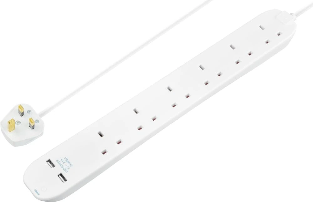Masterplug 6 Gang Extension Lead with 2 x USB Charging Sockets, 1 Metre, White
