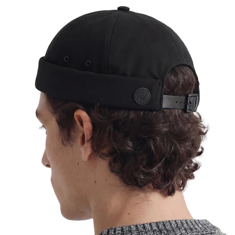 UNDERCONTROL Vintage Brimless Sailor Fisherman Leon Hat Rolled Cuff Harbour No Visor Miki Skull Docker Leather Strap Beanie Cap for Men & Women - Made in Korea - (Black)