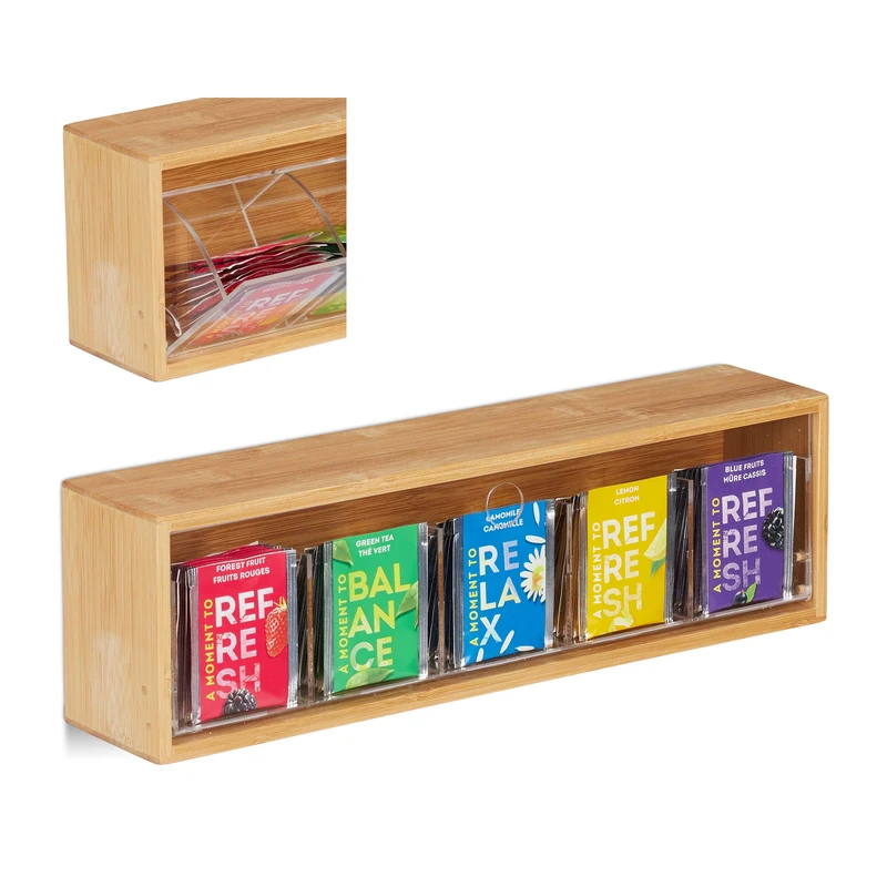 Relaxdays Tea Box Natural Bamboo, 5 Compartments for 50 Sachets, Transparent Lid, Wall-Mounted, Flavour Protection