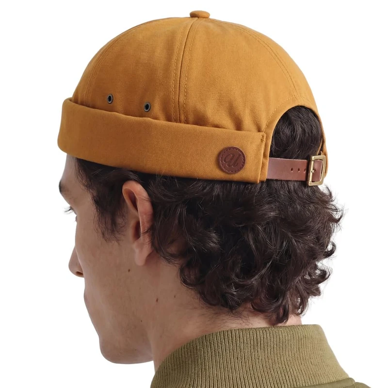 UNDERCONTROL Vintage Brimless Sailor Fisherman Leon Hat Rolled Cuff Harbour No Visor Miki Skull Docker Leather Strap Beanie Cap for Men & Women - Made in Korea - (Mustard)
