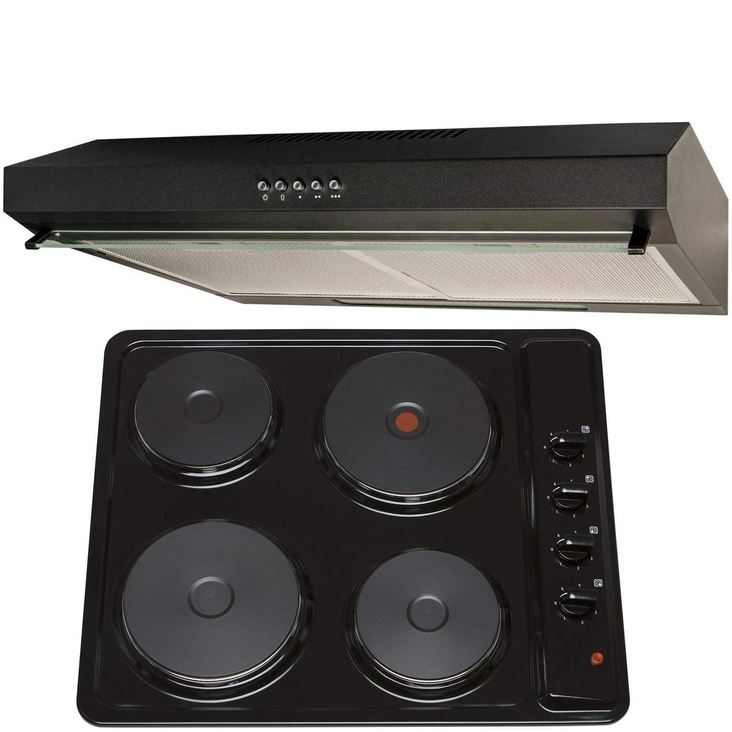 SIA 60cm 4 Zone Black Solid Plate Hob & Slimline Visor Cooker Hood Extractor Fan