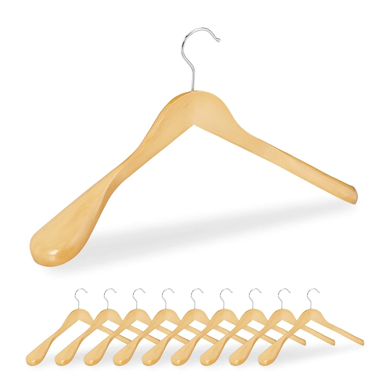 Relaxdays Suit Hangers Set of 10, Wide Shoulders, 360° Swivel Hooks, Jackets, Wooden Coat Holders, Natural