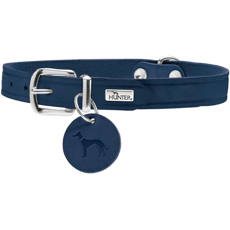 HUNTER AALBORG Dog Collar, Colour: Dark Blue, Robust and Durable Leather, Strong Greasing, Ideal for Dog Sports and Everyday Life, with Leather Pendant, Made in Germany, Size: 52