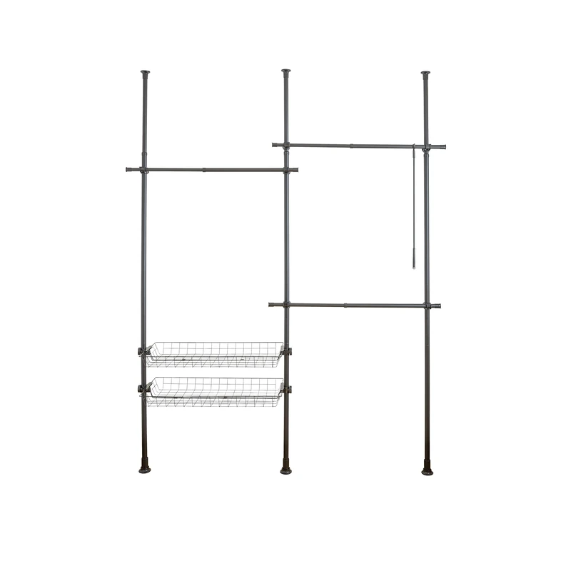 WENKO Herkules Duo Telescopic System, 3 Clothes Rails, 2 Storage Baskets, Extendable, Powder-Coated Metal, 164-215 x 165-300 x 38 cm, Matt Black