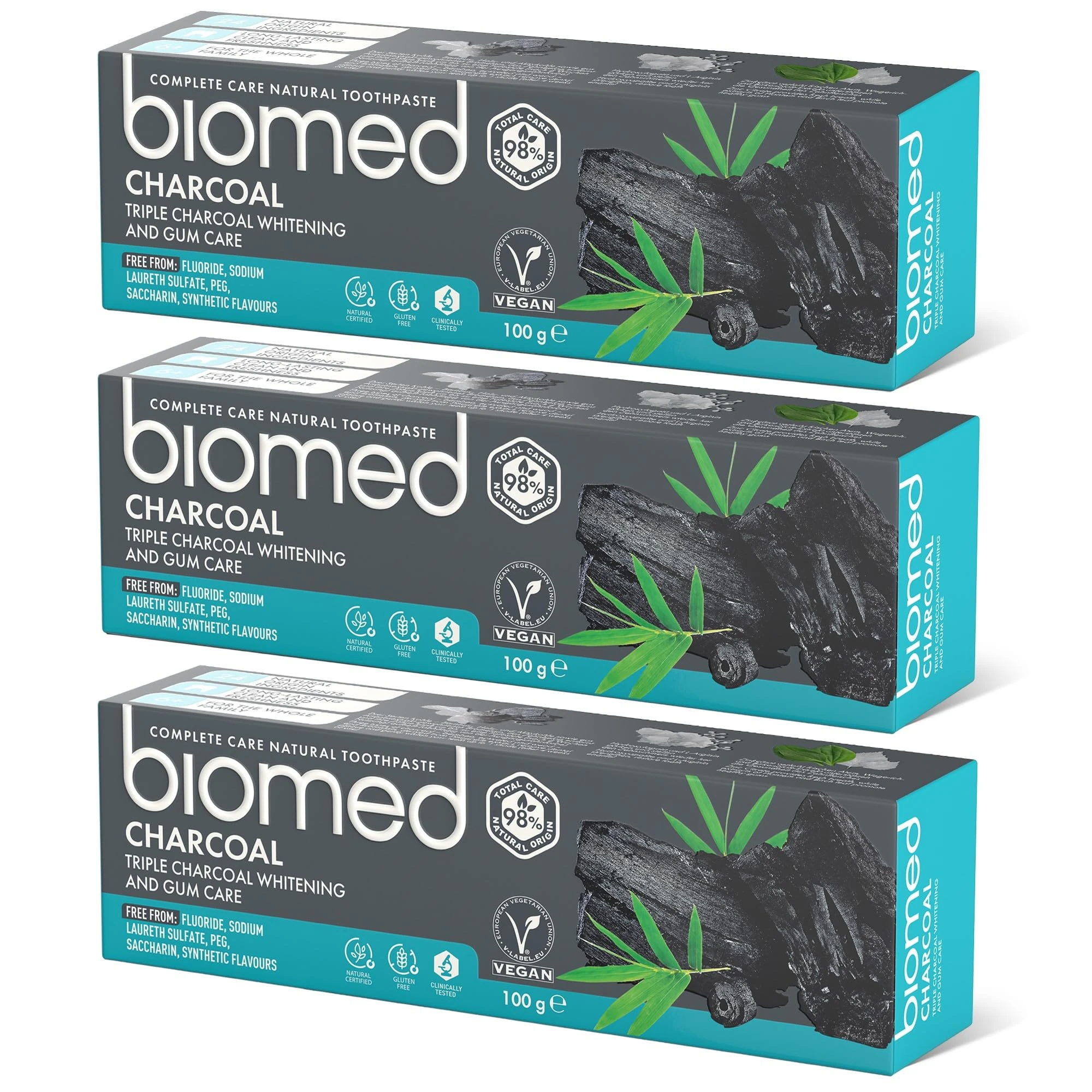 Biomed Triple Charcoal 98% Natural Whitening Toothpaste | Gum Care, Bamboo Charcoal | Vegan, SLES Free 100g(pack of 3)