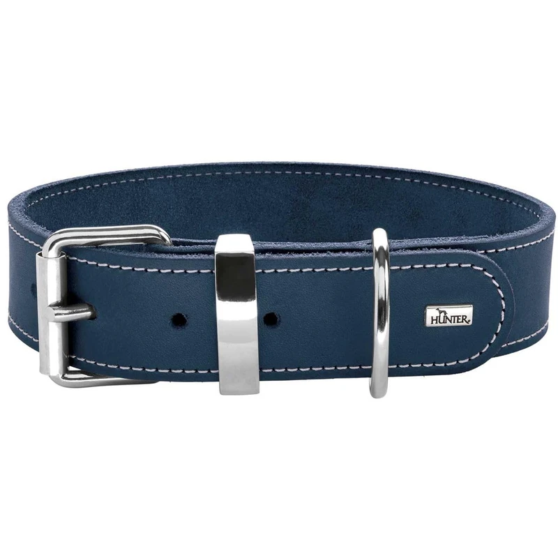 HUNTER AALBORG SPECIAL Leather Dog Collar - Dark Blue, Size L