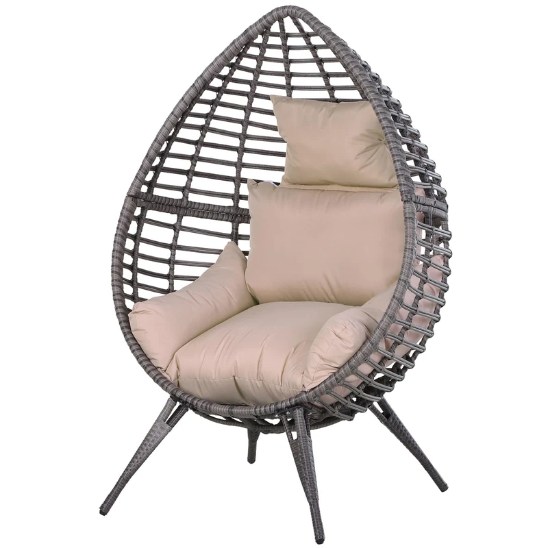 Outsunny Garden Egg Chair, Teardrop Outdoor PE Rattan Chair with Full-body Soft Padded Cushion, Grey
