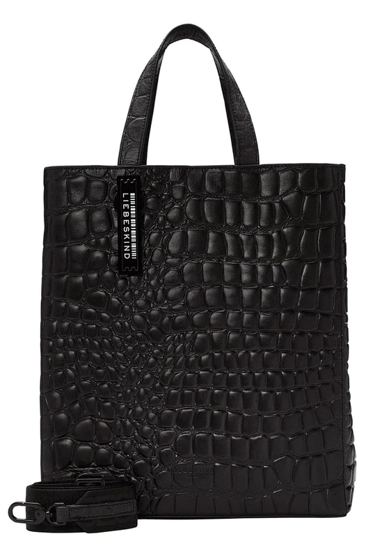Liebeskind Berlin Paperbag Tote M - Paper Bag Made of Leather with Jacquard Shoulder Strap & Logo Details I Women's Bag | Leather Handbag Women | Women's Tote Bag, 01 Black 1, Medium