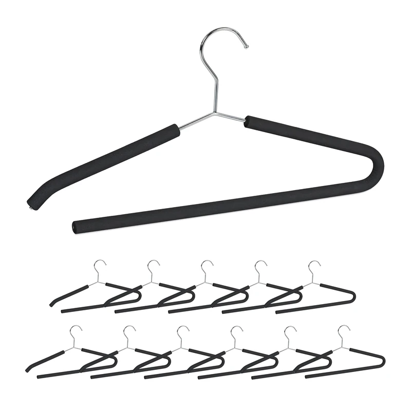 Relaxdays Coat Hanger Set of 12, Non-Slip Foam Coating, Suit Holder, Open Pants Rail, Non-Slip, Black