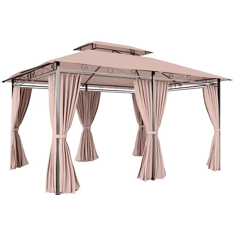 Outsunny 4m x 3(m) Garden Gazebo, Double Roof Outdoor Gazebo Canopy Shelter with Curtains, Solid Steel Frame for Patio, Garden, Brown