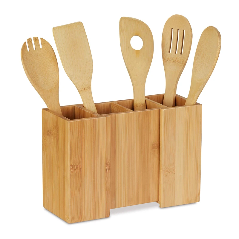 Relaxdays Bamboo Cutlery Holder, Set of 5 Cooking Utensils, Extendable Caddy, H x W x D: 17 x 25 x 10 cm, Natural