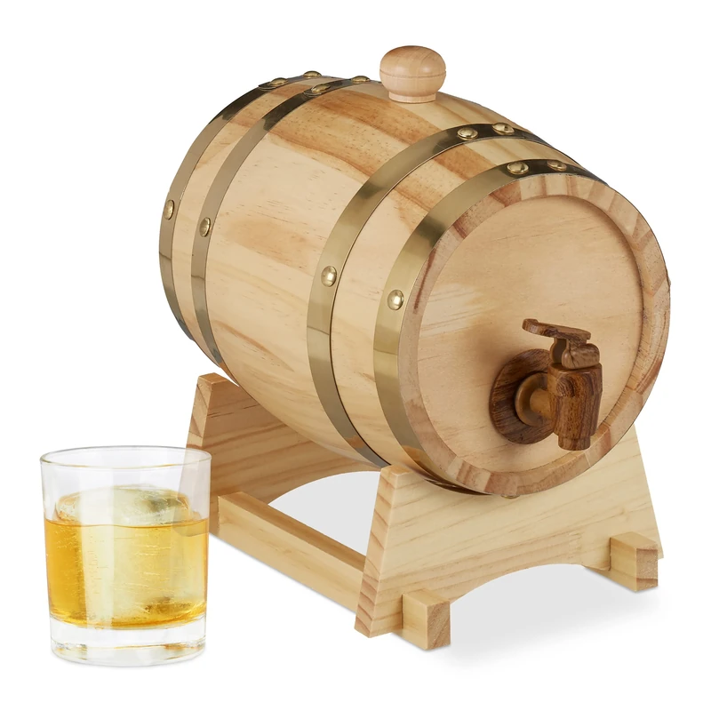 Relaxdays 10027852 Wooden Barrel 1.25L, Tap, Lid, Trestle, Whisky, Wine, Liquor Dispenser, H x W x D 23 x 16 x 25.5 cm, Natural, Wood
