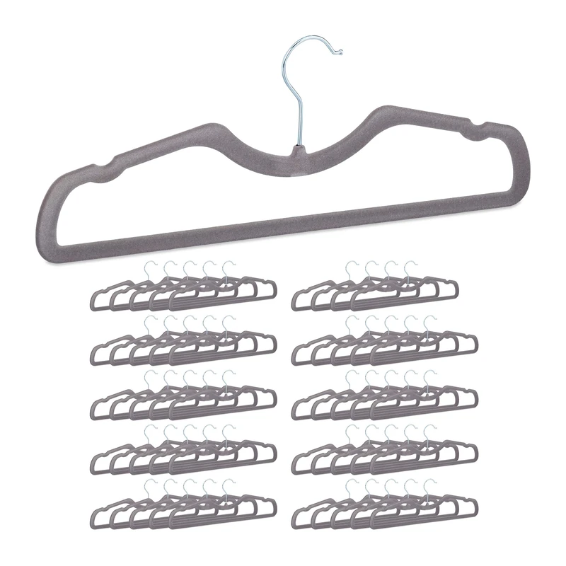 Relaxdays Flocked Coat Hanger Set of 50, Velvet Coating, Non-Slip & Compact, Rail and Notches, Suit Holders, Grey