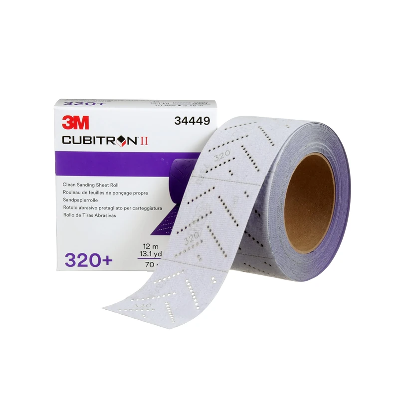 3M Cubitron II Hookit Clean Sanding Sheet Roll 34449, 320+ Grade, Feather Edging, Long Lasting, File Sheet, Multi-Hole Pattern, 70 mm x 12 m