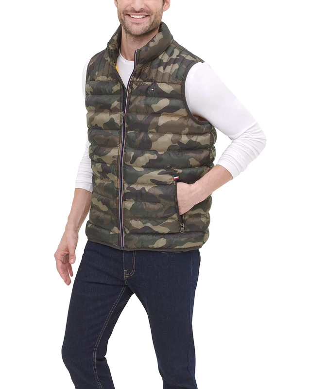 Tommy Hilfiger mensLightweight Down Quilted Puffer Vest Long Sleeve Down Vest - Multi - Small