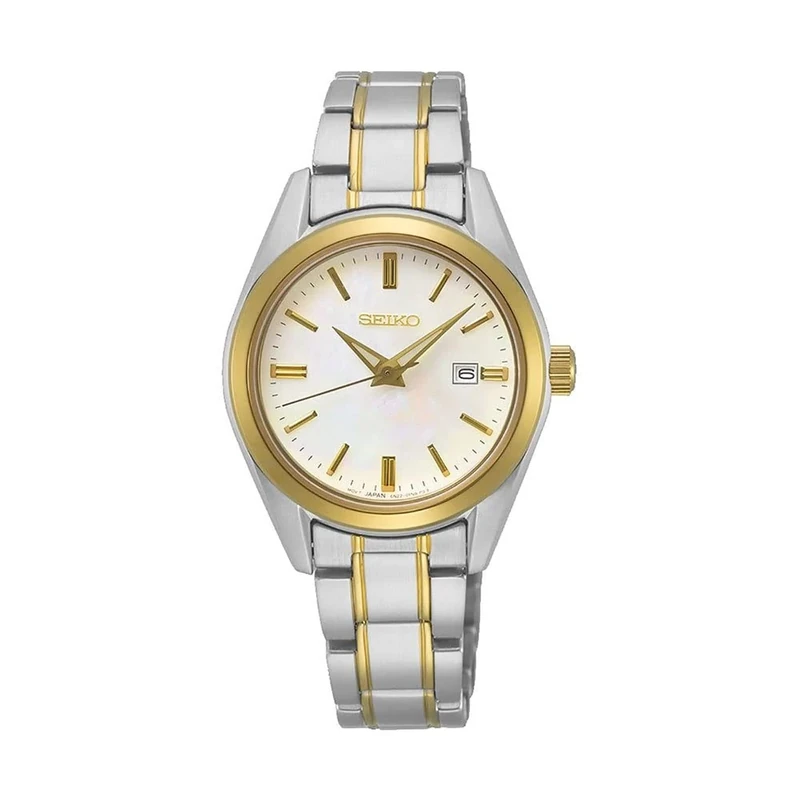 Seiko ladies watch with quartz movement and two tone stainless steel bracelet, case and mother of pearl dial