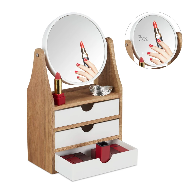 Relaxdays Beauty Organiser, Mirror, 3 Drawers, For Dressing Table, Magnifying Effect, 34 x 19 x 10.5 cm, Natural, White - Image 1