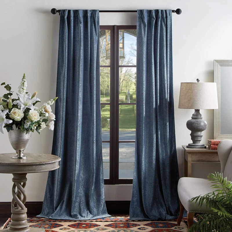 Martha Stewart Naples Chenille Solid Back Tab Window Curtain Panel Pair, 95, Navy - Image 1
