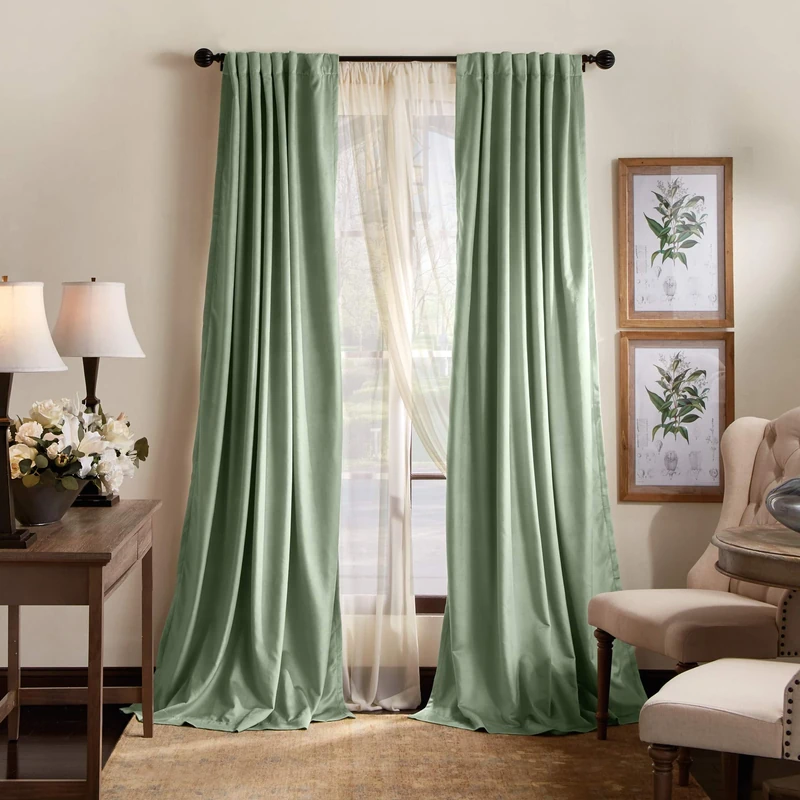 Martha Stewart Back Tab Window Curtain, Polyester, Green, 84 in Panel Pair - Image 1