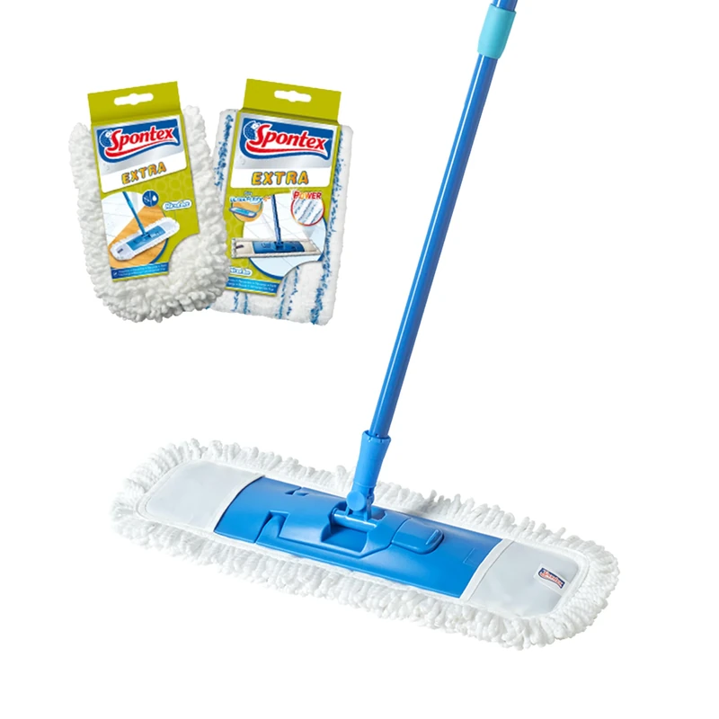 Spontex Extra Flat Mop | Versatile Microfibre Mop for Wet & Dry | Adjustable Length (80-140cm) | Cleans Laminate, Wood & Tile Flooring | 2 x Refills