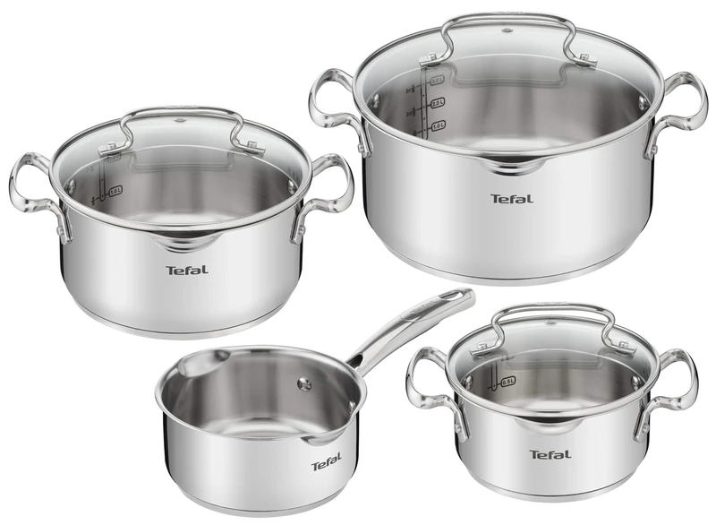 Tefal Duetto Set 7 Pieces: 3 Cooking Pots 16/20/24 cm, 1 Saucepan 16 cm, 3 Lids, Stainless Steel, 3 Glass Lids, Measurement Marks, All Types of Cookers, Oven and Dishwasher Safe