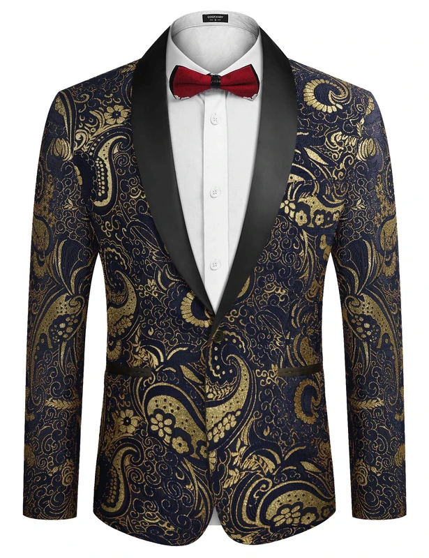 COOFANDY Men's Floral Tuxedo Jacket Slim Fit Luxury Embroidered Dress Suit Jacket for Party Dinner Wedding, Navy Blue, XL