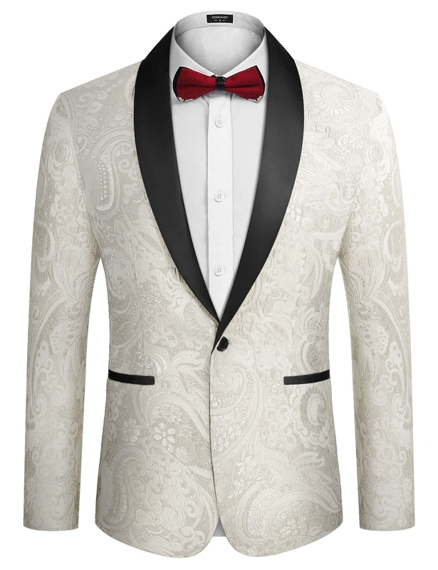 Coofandy Men's Floral Tuxedo Jacket Luxury Embroidered Suit Wedding Blazer Dinner Tuxedo for Party, White, X-Large