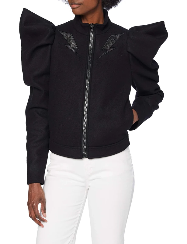 Love Moschino Women's Accentuated Sleeves Jacket_Sparkling Logo Embroidery in The Back, Black, 10 UK