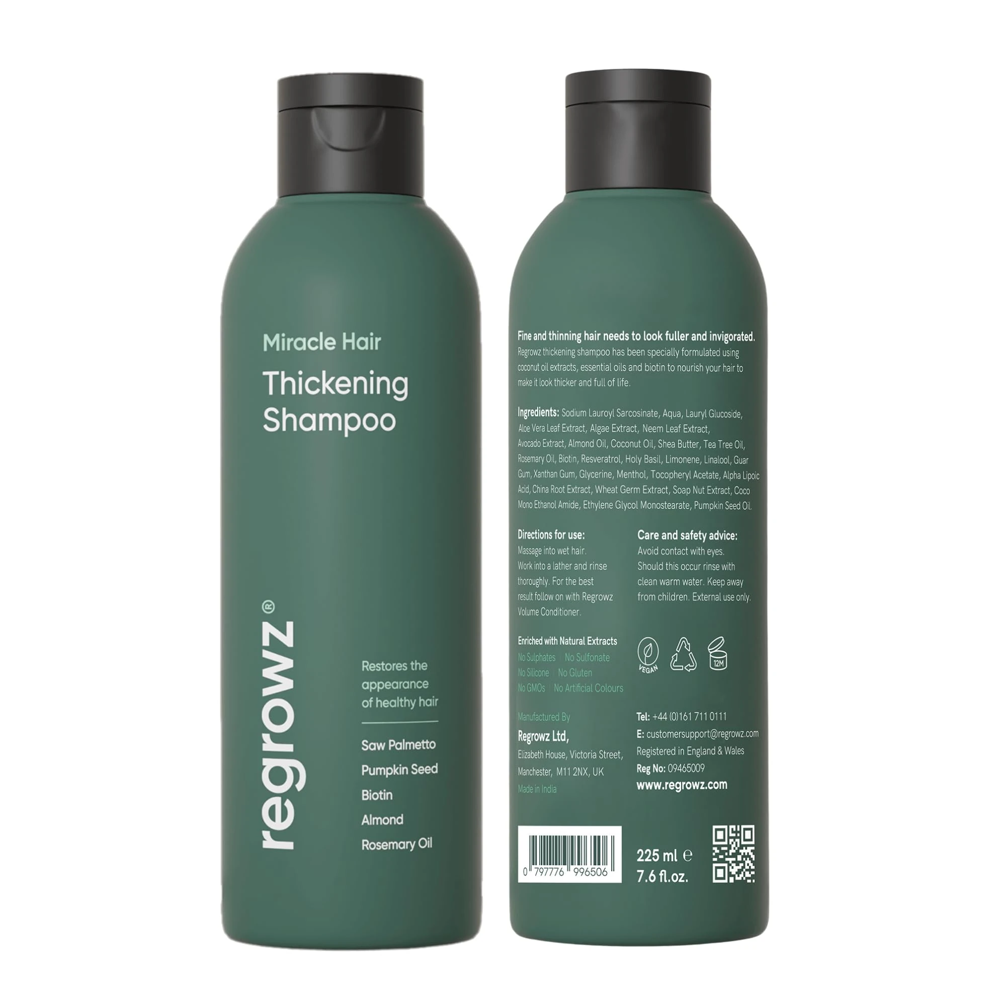 Regrowz Hair Thickening Shampoo 225ml - Biotin Hair Growth Shampoo for Women & Men - DHT Blocker & Sulphate Free - Natural Anti Hair Loss Treatment