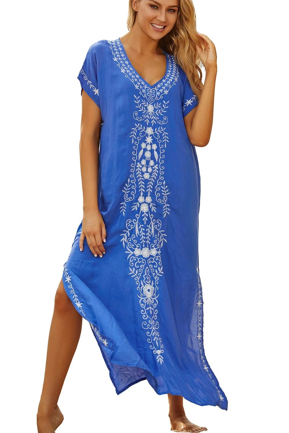 YouKD Summer Embroidered Floral Loose Caftan Boho Beach Bikini Cover Up Dress Plus Size Robe for Women B Blue