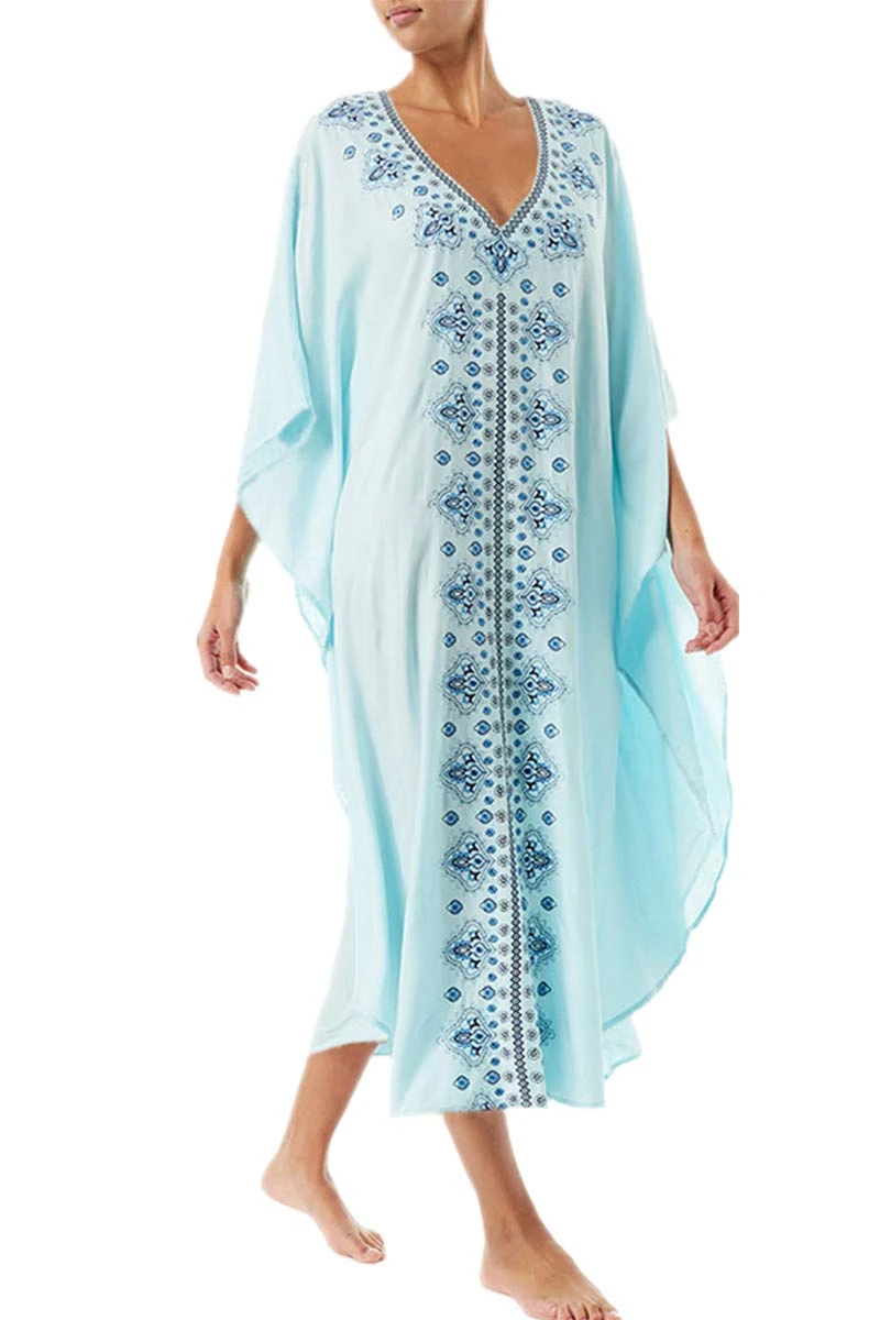 YouKD Summer Embroidered Floral Loose Caftan Boho Beach Bikini Cover Up Dress Plus Size Robe for Women Light Blue