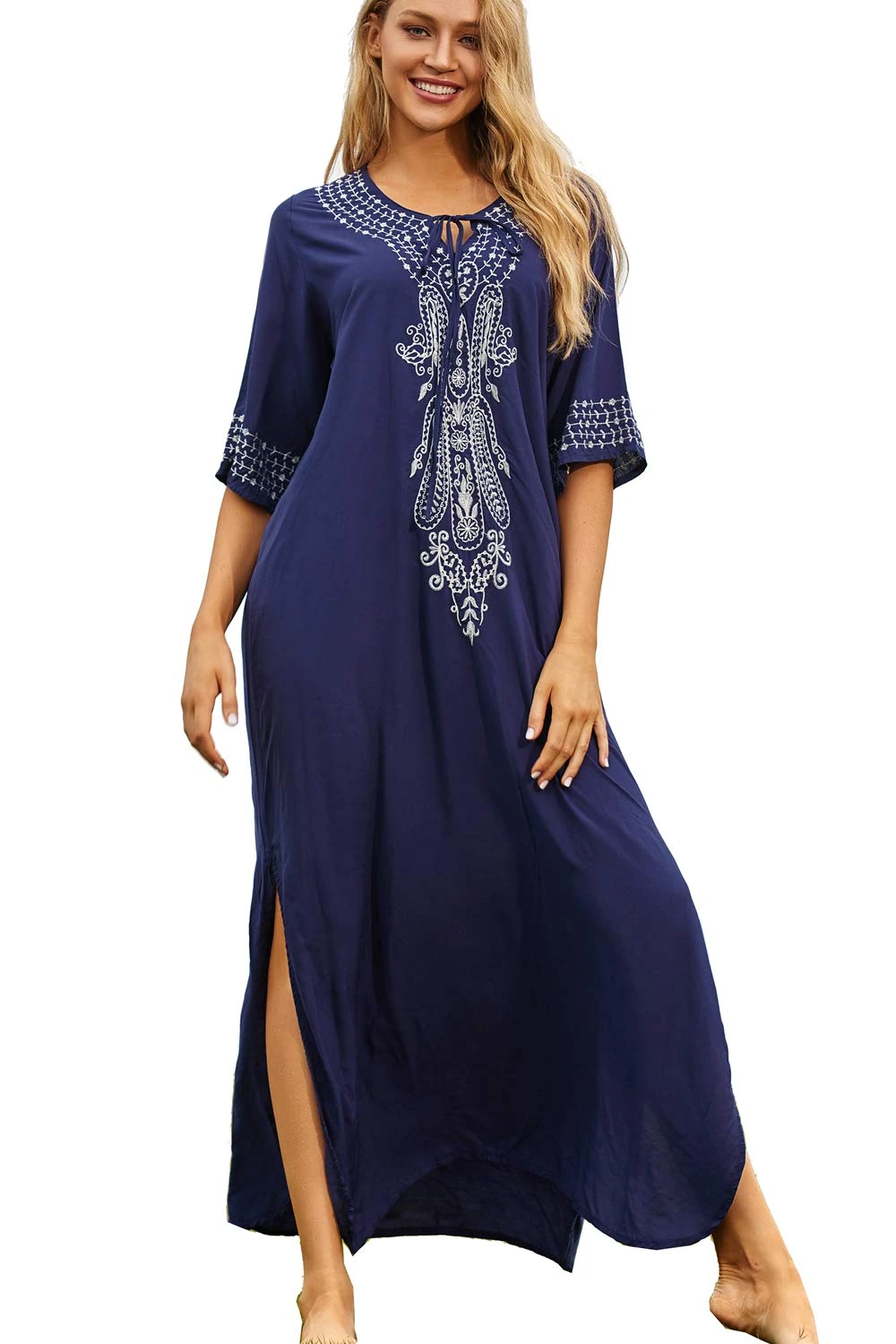 YouKD Summer Embroidered Floral Loose Caftan Boho Beach Bikini Cover Up Dress Plus Size Robe for Women