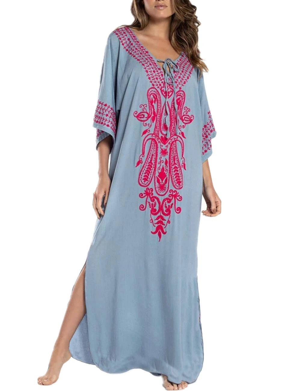 YouKD Summer Embroidered Floral Loose Caftan Boho Beach Bikini Cover Up Dress Plus Size Robe for Women