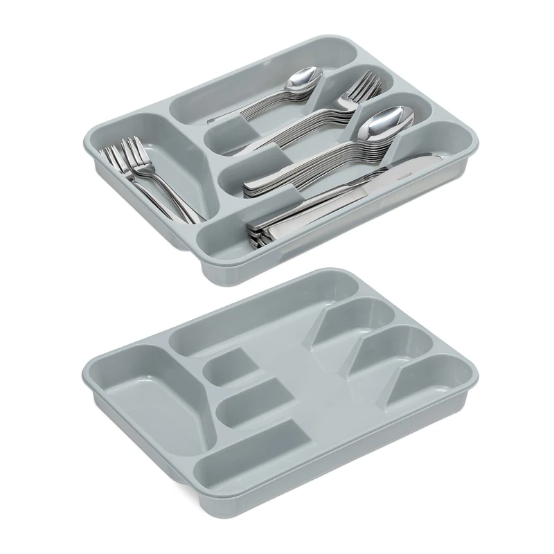 Relaxdays Cutlery Tray 5 Compartments, Pack of 2, Flatware Organiser, Drawer Insert, Plastic, HxWxD 4 x 25 x 33 cm, Grey