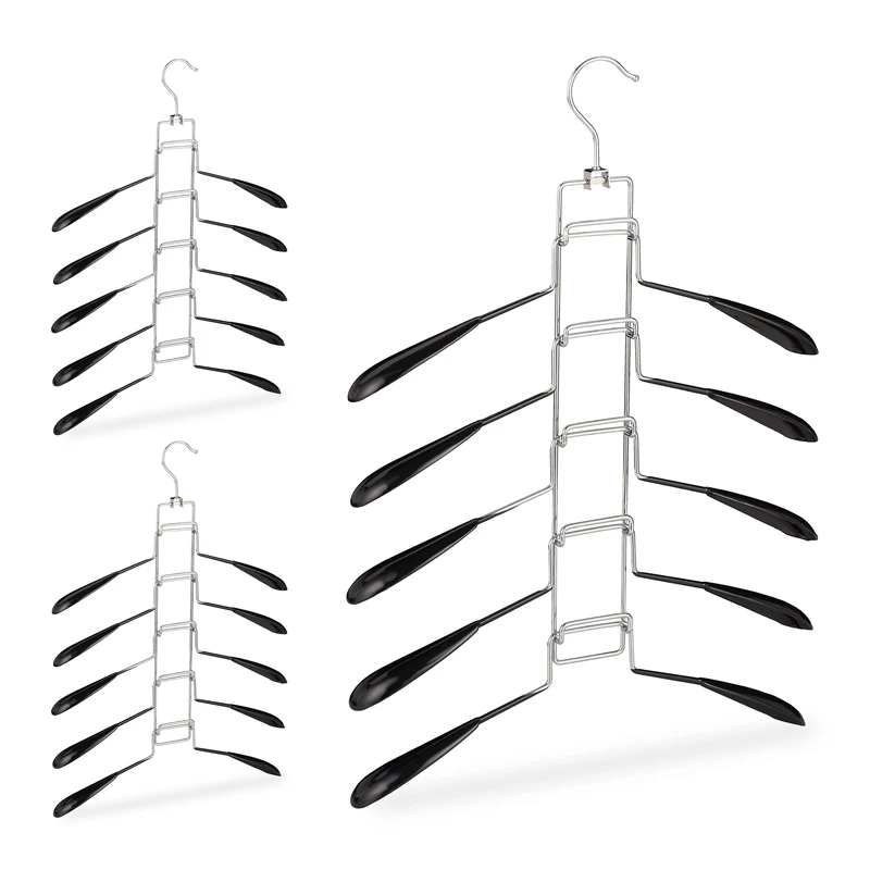 Relaxdays Multi Coat Hanger Set of 3, 5 Holders per Tier, Compact and Non-Slip Storage, Black