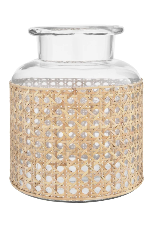 Bloomingville Round Glass Jar Vase with Decorative Cane Sleeve, Clear and Natural