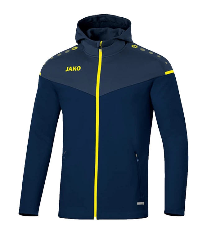 JAKO Women's Champ 2.0 Hooded Jacket, Navy/Dark Blue/Neon Yellow, 38
