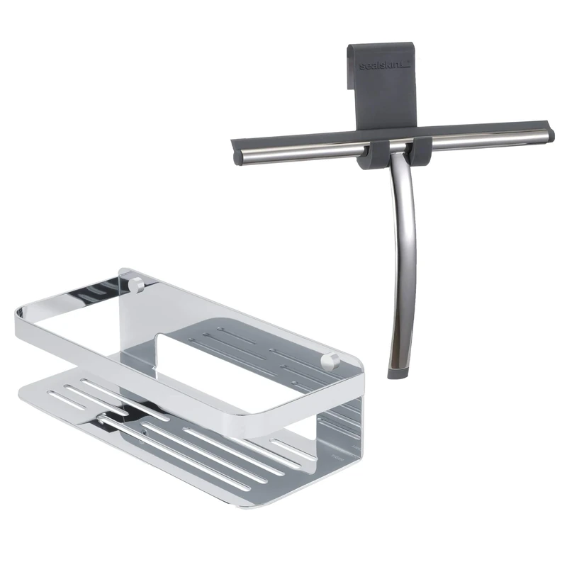 Tiger Caddy Shower Basket, Stainless Steel, Chrome, 24 x 7 x 10.6 cm + Sealskin Deluxe Window Wiper Including Flexible Glass Hook, Stainless Steel Polished, 26 x 19 x 3.5 cm