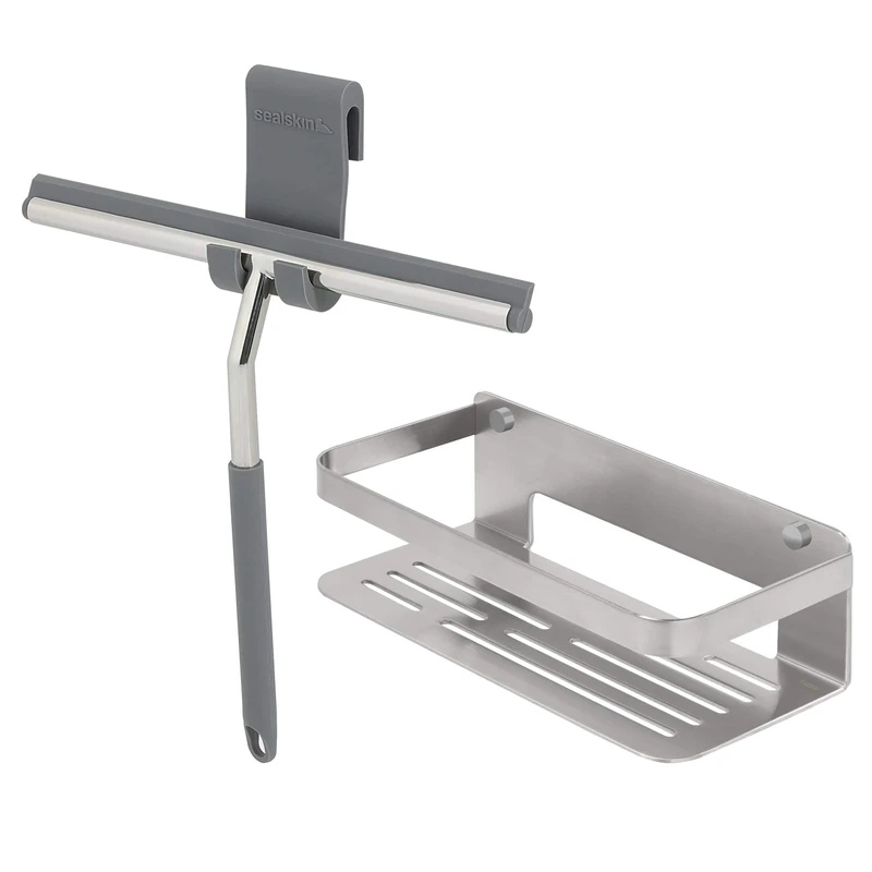 Tiger Caddy Shower Basket, Stainless Steel Brushed, 24 x 10.6 x 7 cm + Sealskin Urban Deluxe Window Wiper Including Flexible Glass Hook and Screw Hook, Stainless Steel Polished, 26 x 23.5 x 3 cm