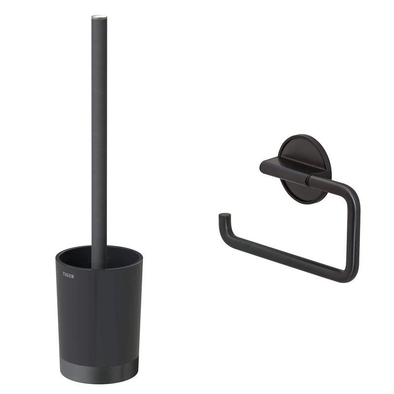 Tiger Tune Toilet Brush and Holder, Freestanding, Black Metal Brushed + Tiger Tune Toilet Roll Holder